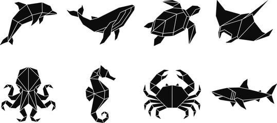 Geometric Low Poly Sea Creatures Silhouette Icon Set for Origami Art Marine Logos and Creative Tattoo Design © Hello There