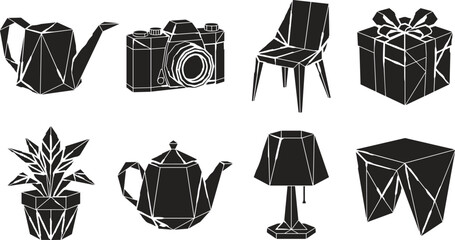 Geometric Low Poly Household Objects and Lifestyle Silhouette Icon Set for Modern Branding Origami Art and Creative Design © Hello There