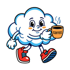 Fototapeta premium Playful Cloud Character Sips Coffee While Walking.