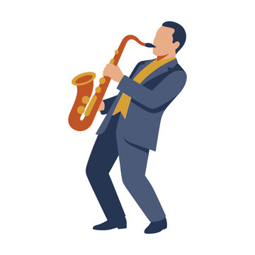 Saxophonist in Suit Playing Jazz Saxophone On Stage Illustration.