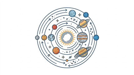 Colorful Solar System Planets Orbiting the Sun Illustration. © Darfa66