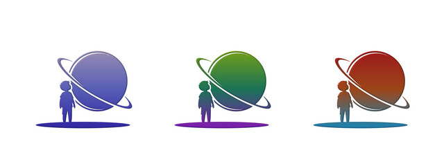 Little boy looking at colorful planets with rings
