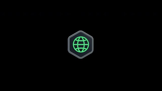 3d animation of globe internet icon inside hexagon badge