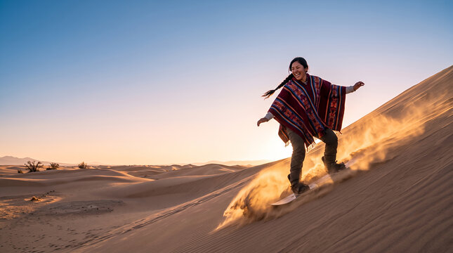 Woman sandboarding down a desert dune at golden sunset