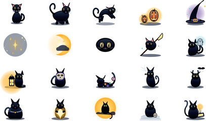 Cute black cat bundle set featuring spooky halloween icons and festive holiday elements for creative graphic design projects © sarah