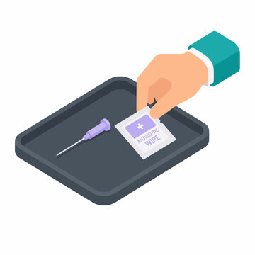 Isometric vector illustration of a healthcare professional's hand picking up an antiseptic wipe from a medical tray next to a hypodermic needle for injection or vaccination preparation.
