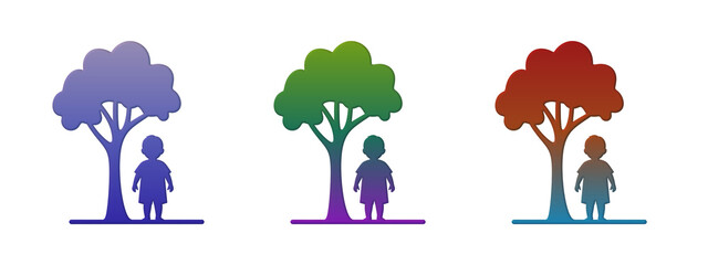 Colorful silhouettes of children standing under trees