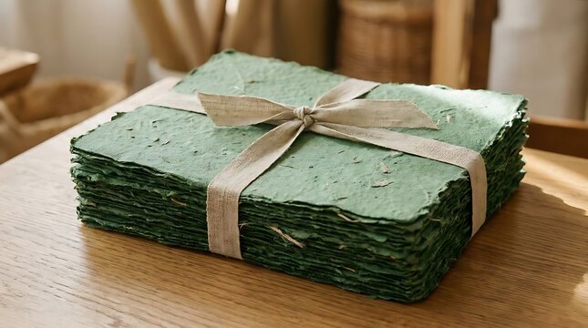 Stack of handmade textured green paper tied with ribbon.