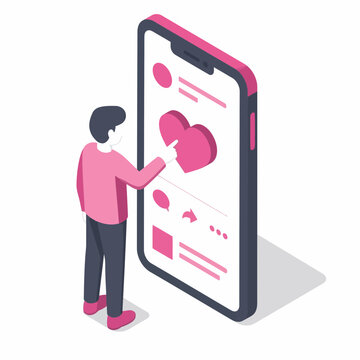 Isometric vector of man interacting with social media app on smartphone. User clicks pink heart icon on mobile interface. Minimalist 2.5D flat design style illustration.