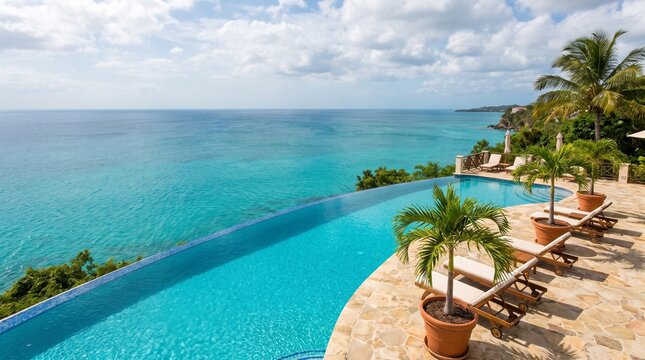Stunning infinity pool overlooking the turquoise Caribbean sea at a luxury tropical resort.