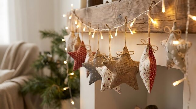 Star ornaments and fairy lights decorating a wooden mantel.