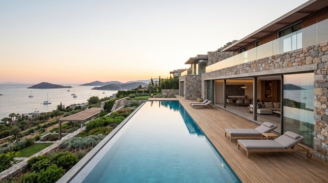 Luxury villa with infinity pool overlooking the Mediterranean sea at sunset.