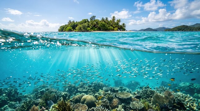 Split shot ocean scene school silver fish swimming coral reef, tropical island palm trees mountains horizon. Island paradise travel theme