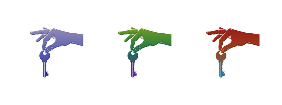 Three colorful hands holding metal keys in a row