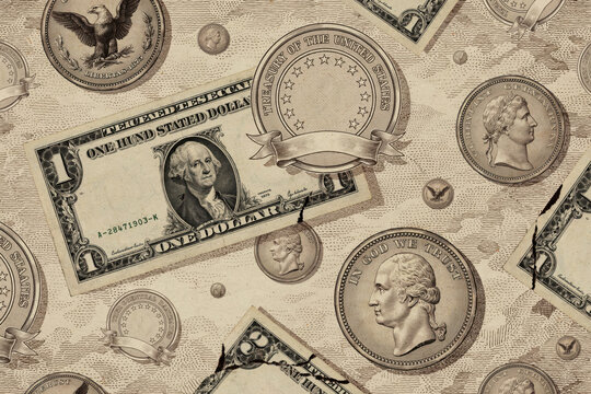 Seamless pattern of vintage united states one dollar bills, silver coins, and decorative circular emblems on a textured sepia toned background