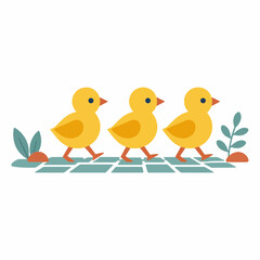 Fototapeta premium Vector illustration of three yellow ducklings walking in a row on a teal tiled garden path with green leaves and small orange stones, isolated on a white background.