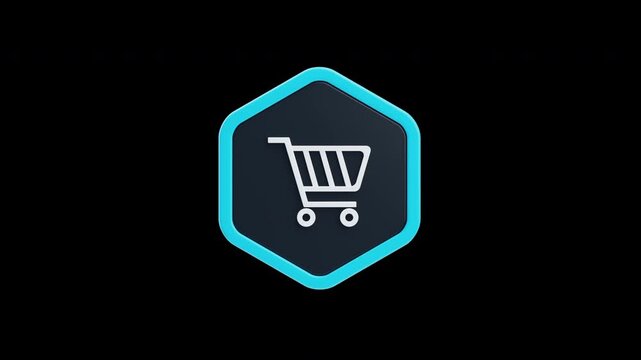 3d animation of shopping cart icon in blue hexagon badge