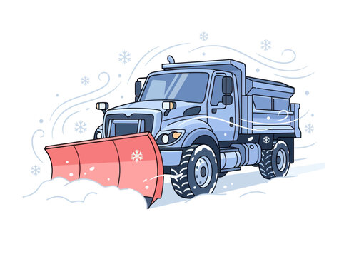 Snow plow truck clearing road in winter storm with red plow blade