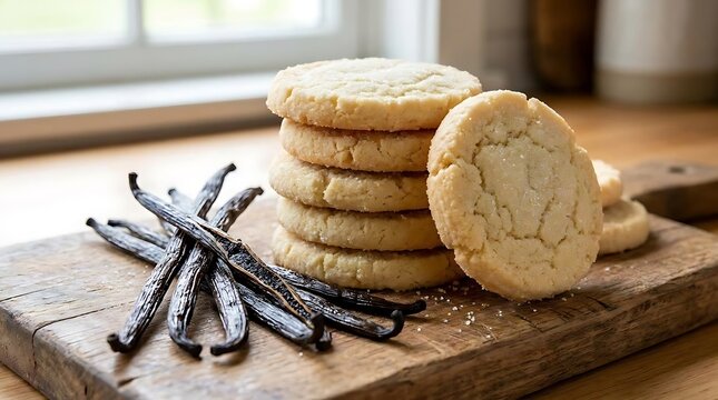 Stack of sweet sugar cookies with dried vanilla beans.