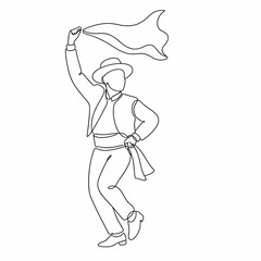 Obraz premium Continuous line art illustration of a male folk dancer in traditional attire, wearing a wide-brimmed hat and vest while holding a handkerchief aloft in a dynamic performance pose.