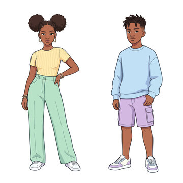 Teenagers in pastel fashion, stylish young people in mint and lavender outfits