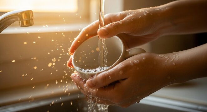 Person washing a ceramic cup under running kitchen tap water.