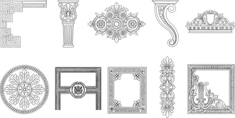 Classical Architectural Ornament Collection with Decorative Frames Columns and Floral Relief Outline Vector Elements © MdSumon