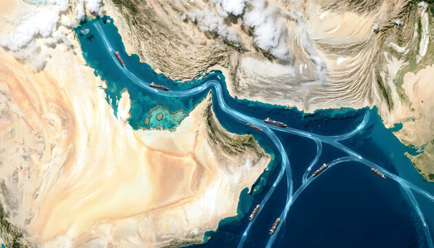 Topographic map of the Persian Gulf and Arabian Sea showing major international shipping routes