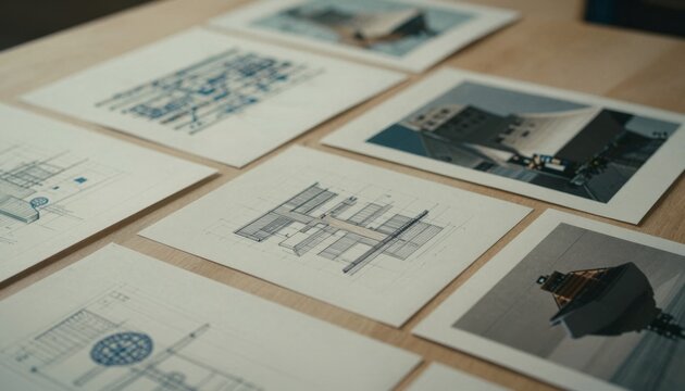Architectural Design Schematics and Conceptual Building Photographs on Wooden Table