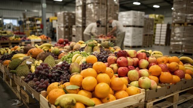 Focused medium shot of diverse fruit varieties arranged on pallets with staff moving in the fuzzy background amidst crates and loading docks.