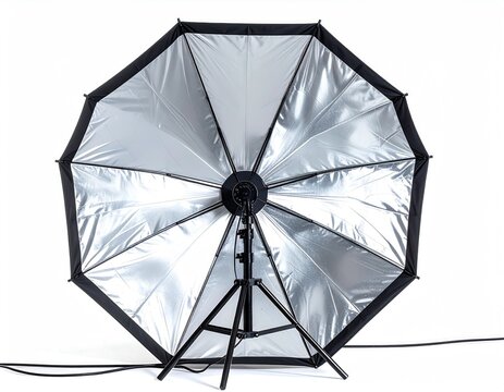 Large silver photographic umbrella light modifier on a stand