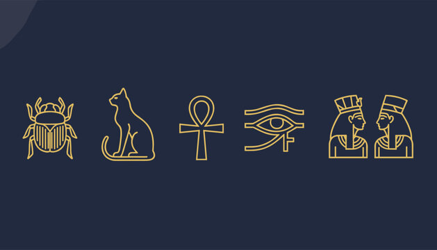 Collection of golden Egyptian hieroglyphic icons including a scarab, cat, ankh, and eye of horus on blue.