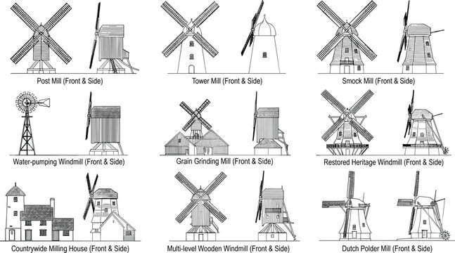 Traditional Windmill Architecture Line Drawing Collection with Historic Mills, Farm Wind Pumps and Rural Heritage Buildings