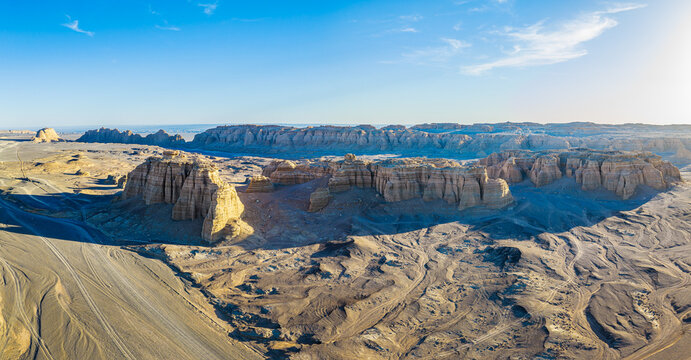 Aerial view of majestic yardang landforms in the Gobi Desert, Dahaidao, Xinjiang, China