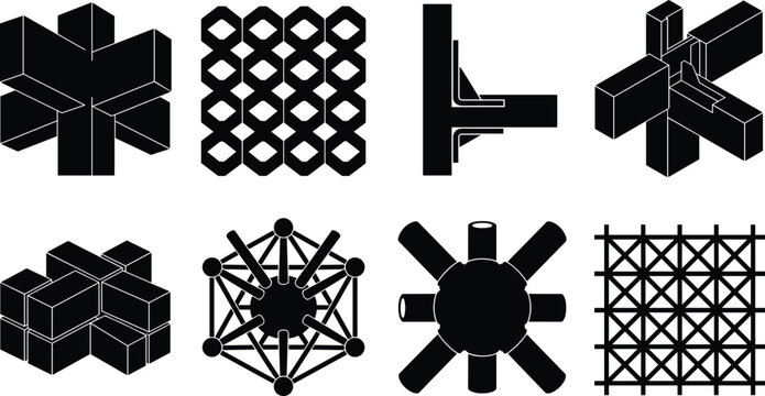 Structural Engineering Joints and Grid Framework Silhouette Icon Set for Architecture and Building Construction