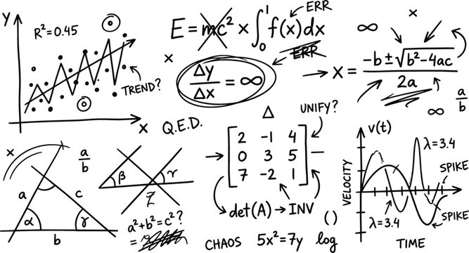 Hand Drawn Math Formula Doodle Set with Equation, Graph, Matrix, Geometry, and Scientific Calculation Sketch Elements