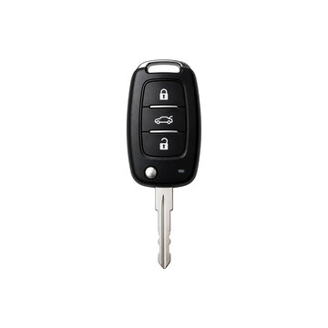 Modern black car key remote isolated with electronic lock buttons and metal ignition blade