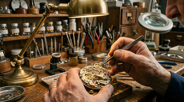 Master watchmaker hands repairing delicate mechanical timepiece parts