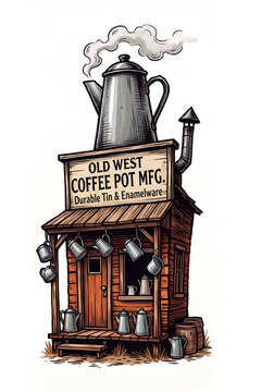 Old West Coffee Pot Manufactory with Giant Coffee Kettle &ndash; Rustic Frontier Workshop Cartoon Illustration