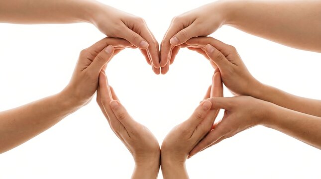 Group of diverse people joining hands to form a heart shape against a clean white background representing unity and community support