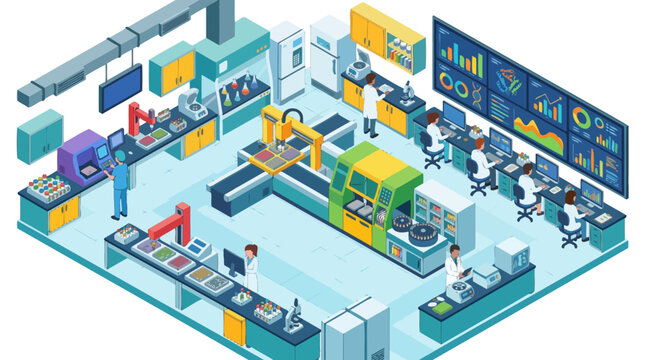 Isometric Smart Factory Interior with Robotic Arms and Production Line Illustration
