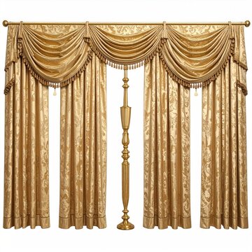 Opulent golden drapes frame windows, ornate swags, tassels, and central ornate pole