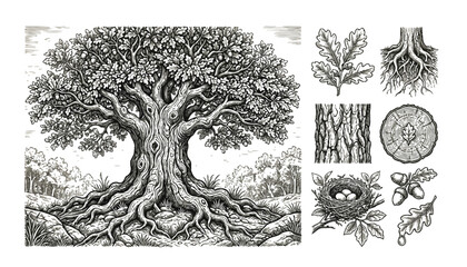 Majestic Oak Tree Illustration, Intricate Root System, Forest Elements, Vintage Engraving Style, Nature Art © danial