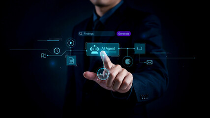 Fototapeta premium Businessman Utilizing Advanced Artificial Intelligence Digital Interface for Automated Workflow Optimization and Strategic Data Management