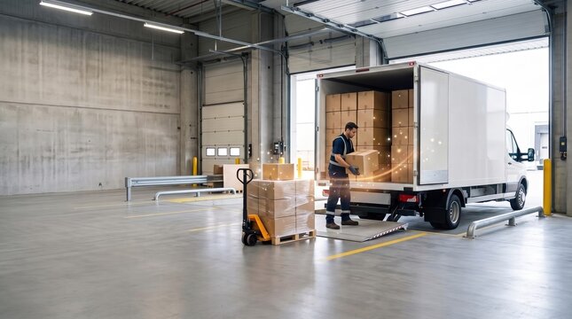 A warehouse worker efficiently loading cardboard boxes into a delivery truck, utilizing a pallet jack in a modern, spacious industrial distribution facility.