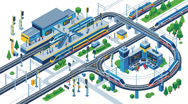 Isometric Train Station with Elevated Railway and Control Tower Illustration