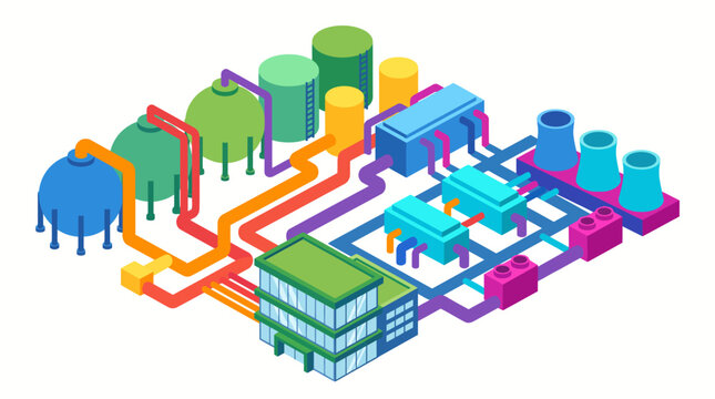 Isometric Industrial Facility with Storage Tanks, Pipelines and Office Building Illustration