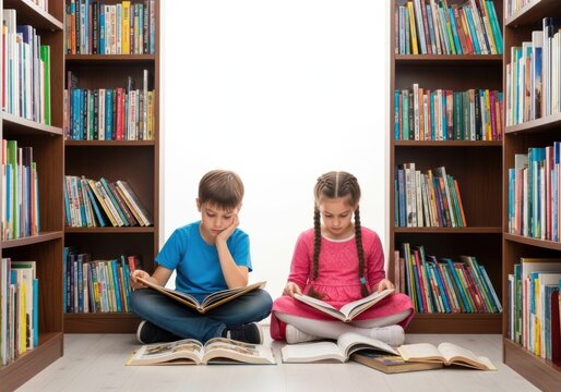 Two pixel art people reading books in a library