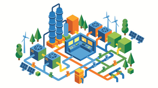 Isometric Green Industrial Plant with Wind Turbines and Solar Panel Power Illustration