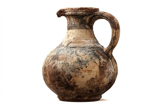 An ancient, weathered amphora, its surface adorned with faded patterns and signs of age, stands as a testament to history and lost civilizations.